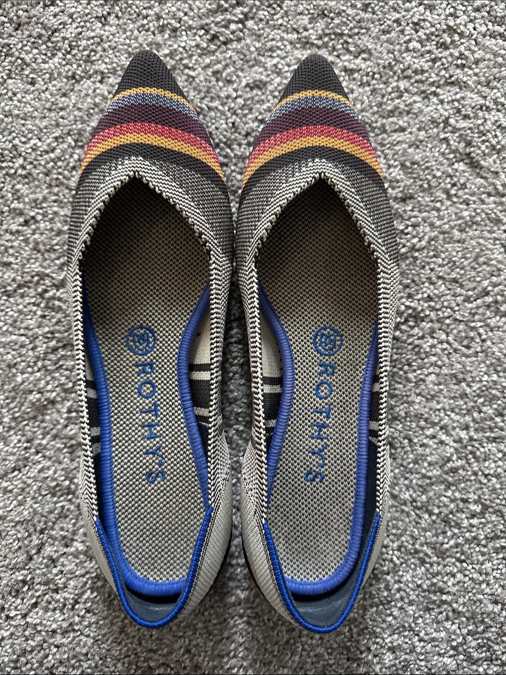 Rothy's Pointed Knit Flats in Gray with Multicolor Stripes